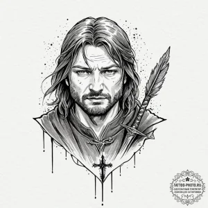 A graphic novel panel of boromir's last stand... - эскиз тату (№1751048798_0, 27.06.2025 18:26) — tattoo-photo.ru