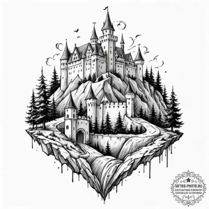 Tattoo design a medieval village with a castl... - эскиз тату (№1751049766_0, 27.06.2025 18:42) — tattoo-photo.ru