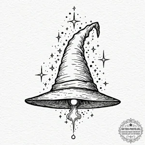 Tattoo design a wizard's hat with glowing sta... - эскиз тату (№1751050552_0, 27.06.2025 18:55) — tattoo-photo.ru