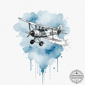 A biplane doing aerobatics against a clear bl... - эскиз тату (№1751052028_0, 27.06.2025 19:20) — tattoo-photo.ru