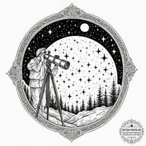 A person looking through a telescope at the n... - эскиз тату (№1751052732_0, 27.06.2025 19:32) — tattoo-photo.ru