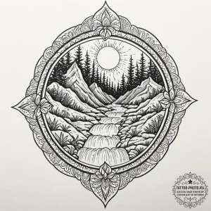 A hidden waterfall cascading into a lush, tro... - эскиз тату (№1751052917_0, 27.06.2025 19:35) — tattoo-photo.ru