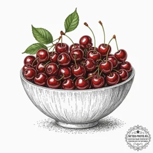 A bowl of ripe, red cherries., concept art fo... - эскиз тату (№1751054513_0, 27.06.2025 20:01) — tattoo-photo.ru