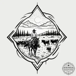 A shot of a lone cowboy herding cattle at sun… — эскиз тату (№1751054882_0, 27.06.2025 20:08) — tattoo-photo.ru