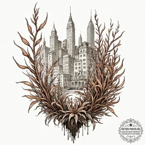 A watercolor sketch of a city overgrown with... - эскиз тату (№1751057388_0, 27.06.2025 20:49) — tattoo-photo.ru