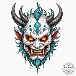 A trash polka tattoo of a japanese oni mask,... - эскиз тату (№1751059077_0, 27.06.2025 21:17) — tattoo-photo.ru