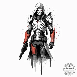 A trash polka design of a reaper from mass ef... - эскиз тату (№1751059174_0, 27.06.2025 21:19) — tattoo-photo.ru