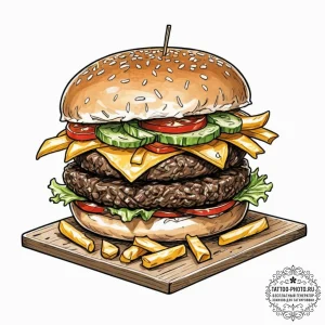A juicy, gourmet cheeseburger with all the to... - эскиз тату (№1751063899_0, 27.06.2025 22:38) — tattoo-photo.ru