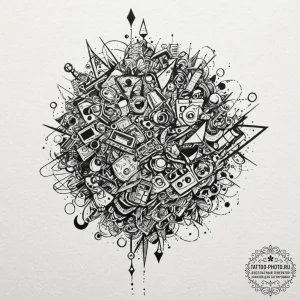 A trash polka composition of the various clue... - эскиз тату (№1751066181_0, 27.06.2025 23:16) — tattoo-photo.ru