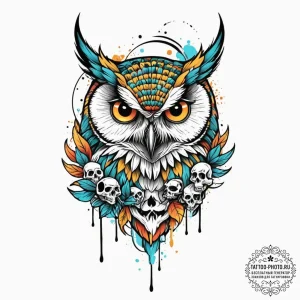 Owl with skull, tattoo line art, vibrant colo... - эскиз тату (№1751066717_0, 27.06.2025 23:25) — tattoo-photo.ru