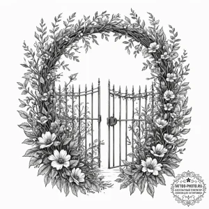 Tattoo sketch a single, open gate in a garden... - эскиз тату (№1751067038_0, 27.06.2025 23:30) — tattoo-photo.ru