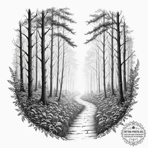 Tattoo design a misty, dreamlike pathway thro… — эскиз тату (№1751067335_0, 27.06.2025 23:35) — tattoo-photo.ru