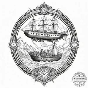 Steampunk airship, tattoo flash sheet design,… — эскиз тату (№1751067778_0, 27.06.2025 23:42) — tattoo-photo.ru
