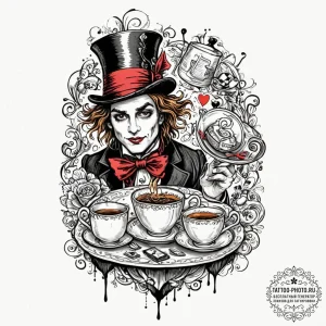 The mad hatter's tea party, tattoo flash shee... - эскиз тату (№1751074328_0, 28.06.2025 01:32) — tattoo-photo.ru