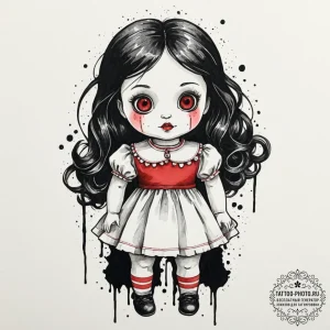 A watercolor sketch of the creepy doll from p... - эскиз тату (№1751076141_0, 28.06.2025 02:02) — tattoo-photo.ru