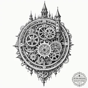 The inside of a clock tower, showing the mass... - эскиз тату (№1751078640_0, 28.06.2025 02:44) — tattoo-photo.ru