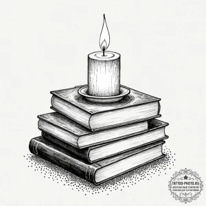 A stack of old books with a lit candle on top... - эскиз тату (№1751079418_0, 28.06.2025 02:56) — tattoo-photo.ru