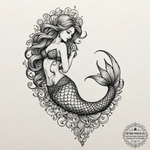 Tattoo sketch a dramatic, flowing mermaid's t... - эскиз тату (№1751080122_0, 28.06.2025 03:08) — tattoo-photo.ru