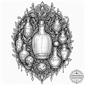 Tattoo sketch a stylized potion belt with var... - эскиз тату (№1751081200_0, 28.06.2025 03:26) — tattoo-photo.ru