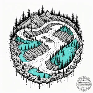 An aerial drone shot of a vibrant turquoise r... - эскиз тату (№1751082145_0, 28.06.2025 03:42) — tattoo-photo.ru