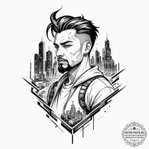 Tattoo design a cyberpunk street scene with a... - эскиз тату (№1751082382_0, 28.06.2025 03:46) — tattoo-photo.ru