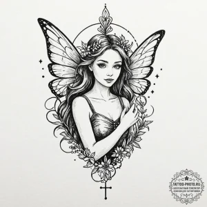 Fairy, concept art for tattoo, on a clean whi... - эскиз тату (№1751083556_0, 28.06.2025 04:05) — tattoo-photo.ru