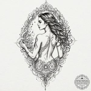 Tattoo design a woman's back with a zipper ta... - эскиз тату (№1751084755_0, 28.06.2025 04:25) — tattoo-photo.ru