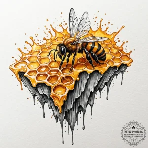 A close-up of a fresh piece of honeycomb, dri... - эскиз тату (№1751085481_0, 28.06.2025 04:38) — tattoo-photo.ru