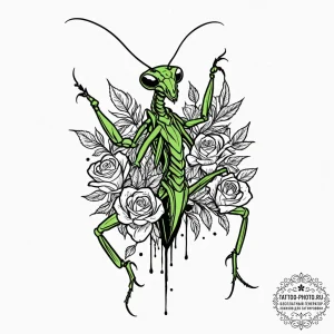 A praying mantis in a martial arts pose, ink... - эскиз тату (№1751086337_0, 28.06.2025 04:52) — tattoo-photo.ru
