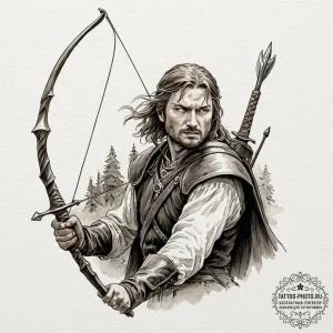 A graphic novel panel of boromir's last stand... - эскиз тату (№1751088902_0, 28.06.2025 05:35) — tattoo-photo.ru