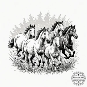 A herd of wild horses galloping across a gras... - эскиз тату (№1751091481_0, 28.06.2025 06:18) — tattoo-photo.ru