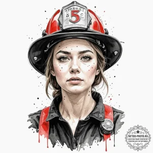 A powerful shot of a female firefighter, soot... - эскиз тату (№1751092693_0, 28.06.2025 06:38) — tattoo-photo.ru