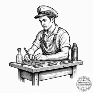 The organized clutter of a carpenter's workbe... - эскиз тату (№1751094459_0, 28.06.2025 07:07) — tattoo-photo.ru