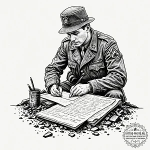 A world war ii soldier writing a letter home... - эскиз тату (№1751095909_0, 28.06.2025 07:31) — tattoo-photo.ru