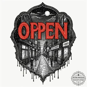 A neon "open" sign glowing in a window on a d... - эскиз тату (№1751096645_0, 28.06.2025 07:44) — tattoo-photo.ru