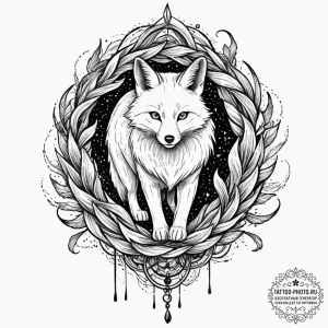 A graphic novel style tattoo of a kitsune, a... - эскиз тату (№1751104297_0, 28.06.2025 09:51) — tattoo-photo.ru
