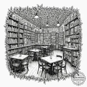 A shot of a crowded bookstore cafe., tattoo f... - эскиз тату (№1751106852_0, 28.06.2025 10:34) — tattoo-photo.ru
