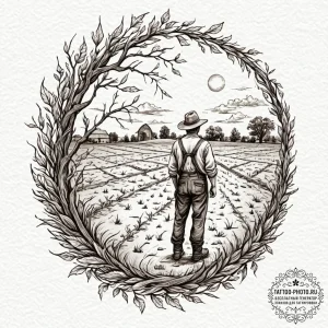 A powerful image of a farmer standing in a dr... - эскиз тату (№1751110543_0, 28.06.2025 11:35) — tattoo-photo.ru