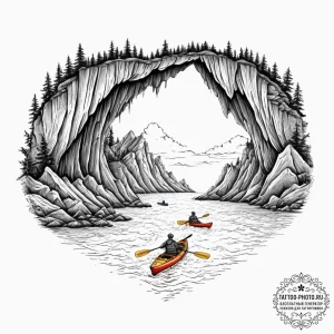 A kayaking trip through a narrow, serene sea... - эскиз тату (№1751110726_0, 28.06.2025 11:38) — tattoo-photo.ru