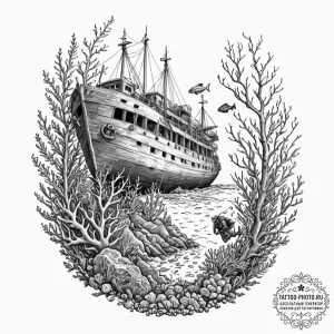 A diver discovering an old shipwreck overgrow... - эскиз тату (№1751115074_0, 28.06.2025 12:51) — tattoo-photo.ru