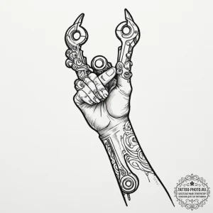 Tattoo design a stylized cybernetic hand hold... - эскиз тату (№1751121212_0, 28.06.2025 14:33) — tattoo-photo.ru