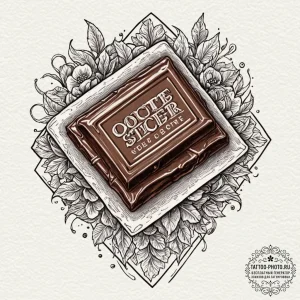 A close-up of a chocolate bar with one square... - эскиз тату (№1751124176_0, 28.06.2025 15:22) — tattoo-photo.ru