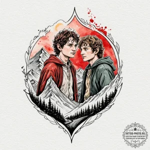 A graphic novel panel of frodo and sam on the... - эскиз тату (№1751124402_0, 28.06.2025 15:26) — tattoo-photo.ru