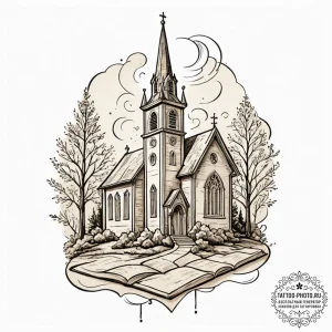 Church, tattoo sketch design, sepia tone sket... - эскиз тату (№1751125156_0, 28.06.2025 15:39) — tattoo-photo.ru