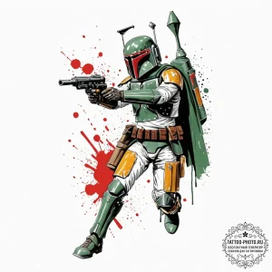 Trash polka style tattoo of boba fett in acti... - эскиз тату (№1751125461_0, 28.06.2025 15:44) — tattoo-photo.ru