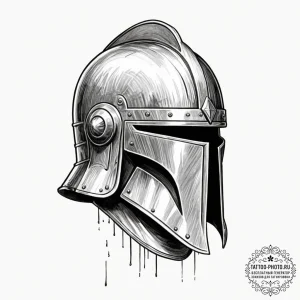 Tattoo sketch a close-up of a battle-worn hel... - эскиз тату (№1751126410_0, 28.06.2025 16:00) — tattoo-photo.ru