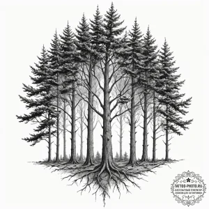 Tattoo design a forest of varied trees, each... - эскиз тату (№1751128298_0, 28.06.2025 16:31) — tattoo-photo.ru