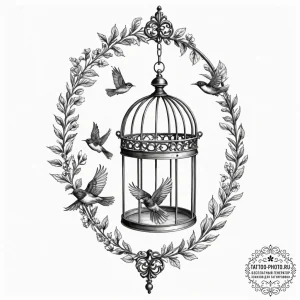 Open birdcage with birds flying out, concept... - эскиз тату (№1751135120_0, 28.06.2025 18:25) — tattoo-photo.ru