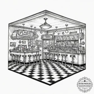 A photo of a bustling 1950s american diner wi... - эскиз тату (№1751136555_0, 28.06.2025 18:49) — tattoo-photo.ru