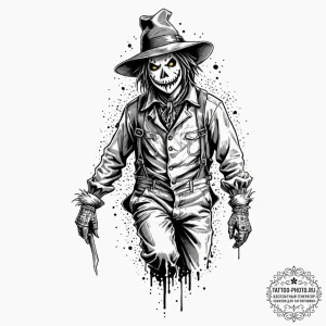 A trash polka design of a scarecrow brought t... - эскиз тату (№1751139286_0, 28.06.2025 19:34) — tattoo-photo.ru
